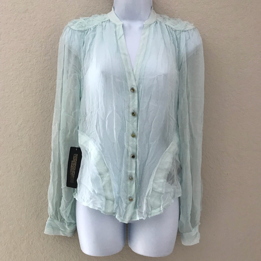 NWT Bebe Sheer Aqua Button-up Blouse size Small